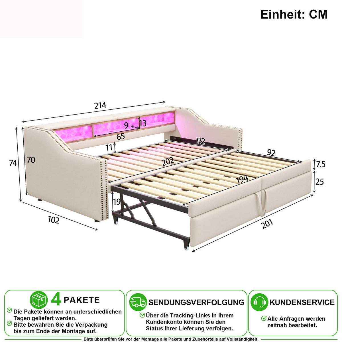 SCHLAFSOFA 90/200 cm & 180/200 cm in Beige Leinen mit Ausziehbett, LED und Matratze - Beige, Holzwerkstoff/Textil (90/200cm) - CHICFURN