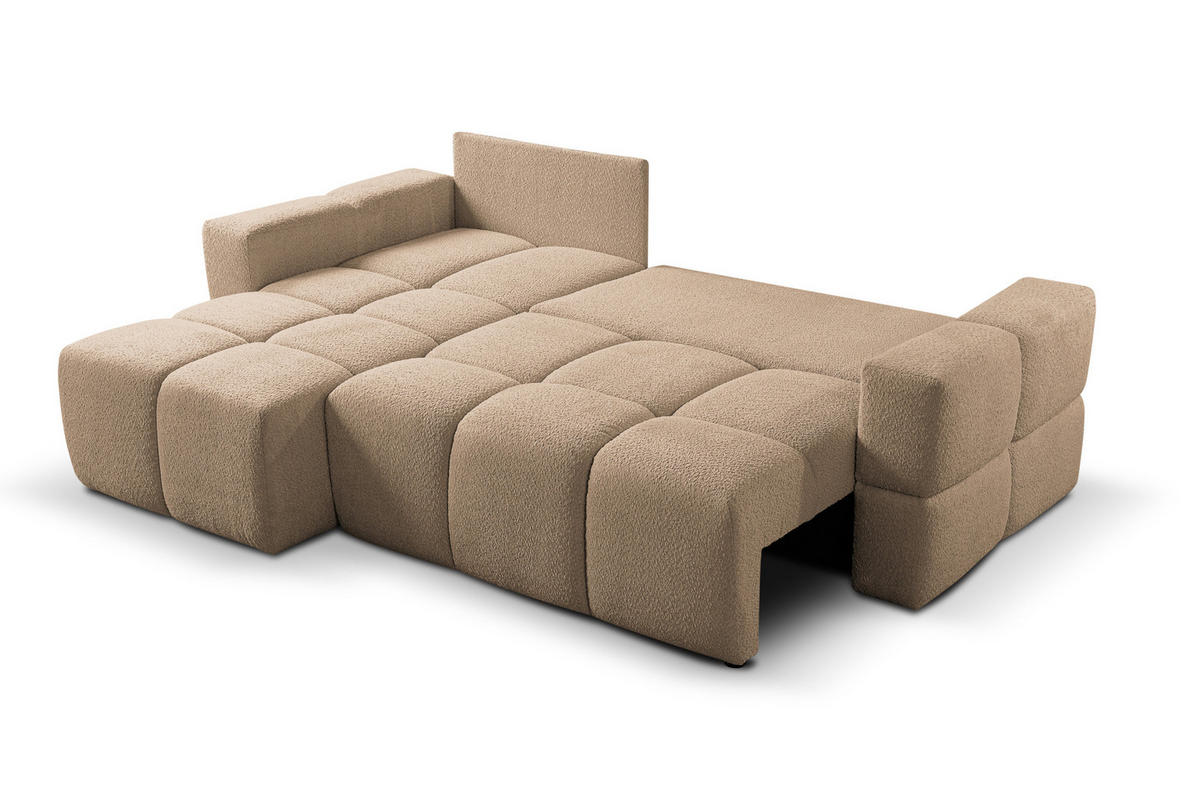 ECKSOFA LUSSO mit Schlaffunktion und Bettkasten, Farbe: Braun, Bouclé-Stoff, Ottomane Universal - Braun, Textil (255/165cm)