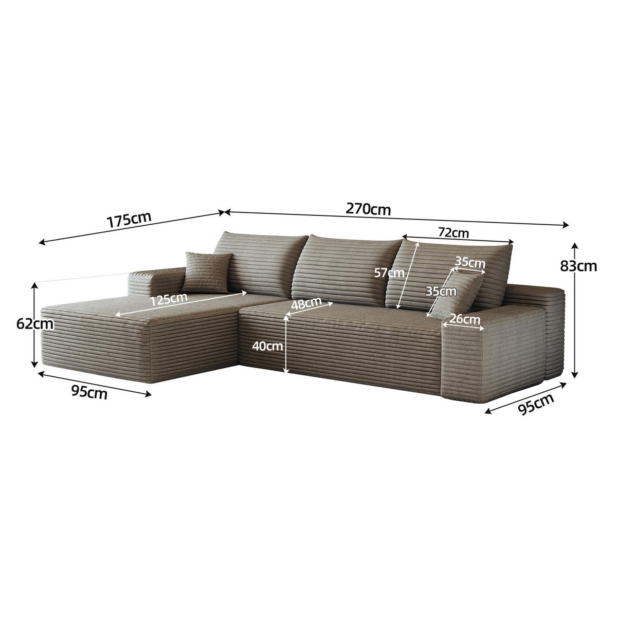 ECKSOFA 270/175/83 cm Kamel Cord mit Chaiselongue, Linke Seite - Braun/Cappuccino, Textil (270/175cm) - Oxeza