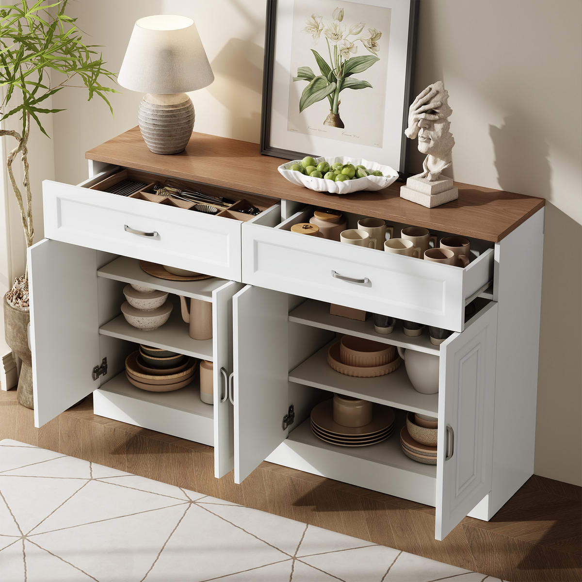 SIDEBOARD in Weiß und Naturfarben Kommode mit Regalen und Rebounder für Wohnzimmer und Esszimmer, B120/T35/H80.5 cm - Weiß, Holzwerkstoff/Metall (120/80.5/35cm) - STILVORA