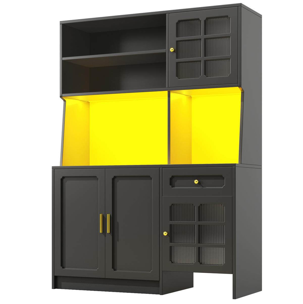 BUFFETSCHRANK 130/45/180 cm mit LED-Beleuchtung, Glastüren und viel Stauraum, MDF, Schwarz - Schwarz, Holzwerkstoff (130/180/45cm) - Redom