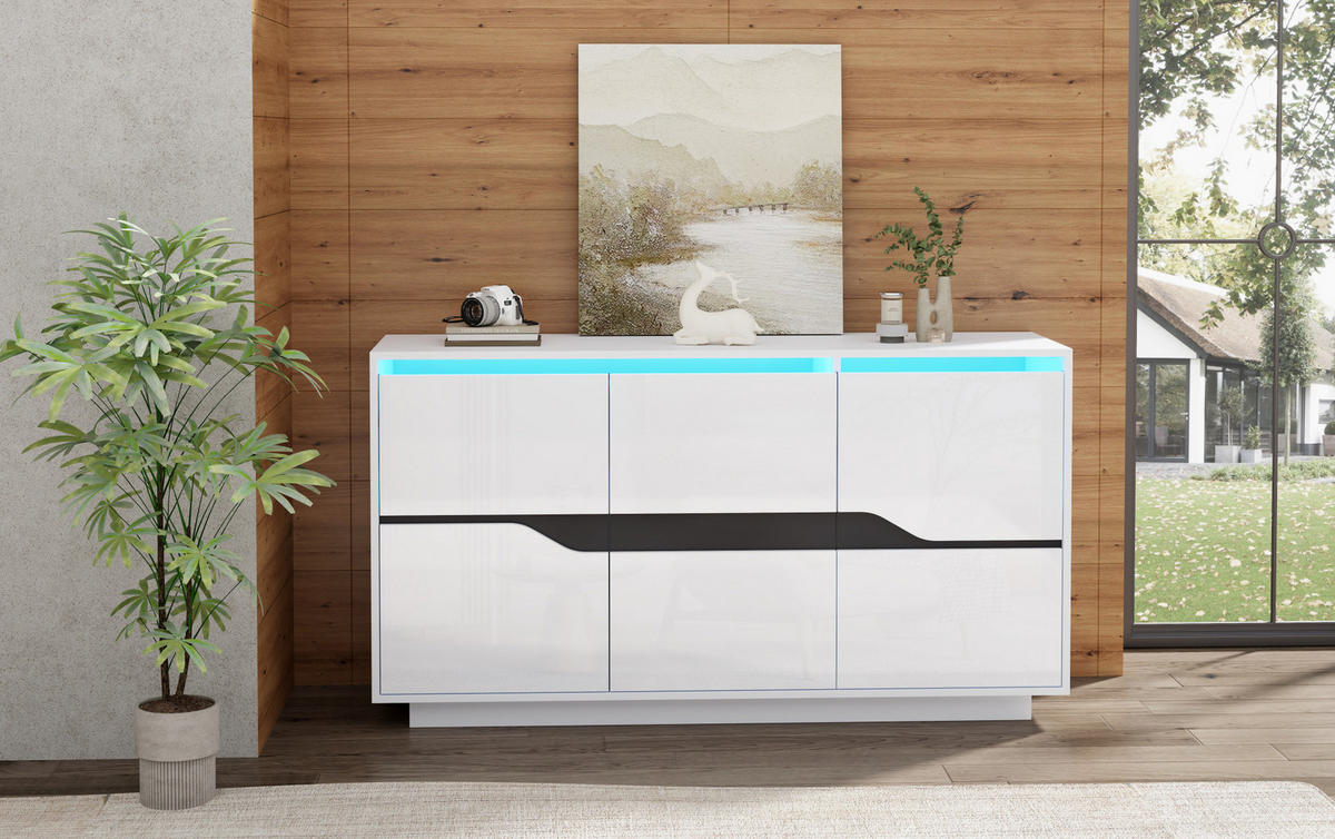 SIDEBOARD 140/40/70 cm mit 3 Türen, verstellbaren Einlegeböden und LED-Beleuchtung in Hochglanz, Weiß/Schwarz - Weiß, Holzwerkstoff (140/70/40cm) - Redom