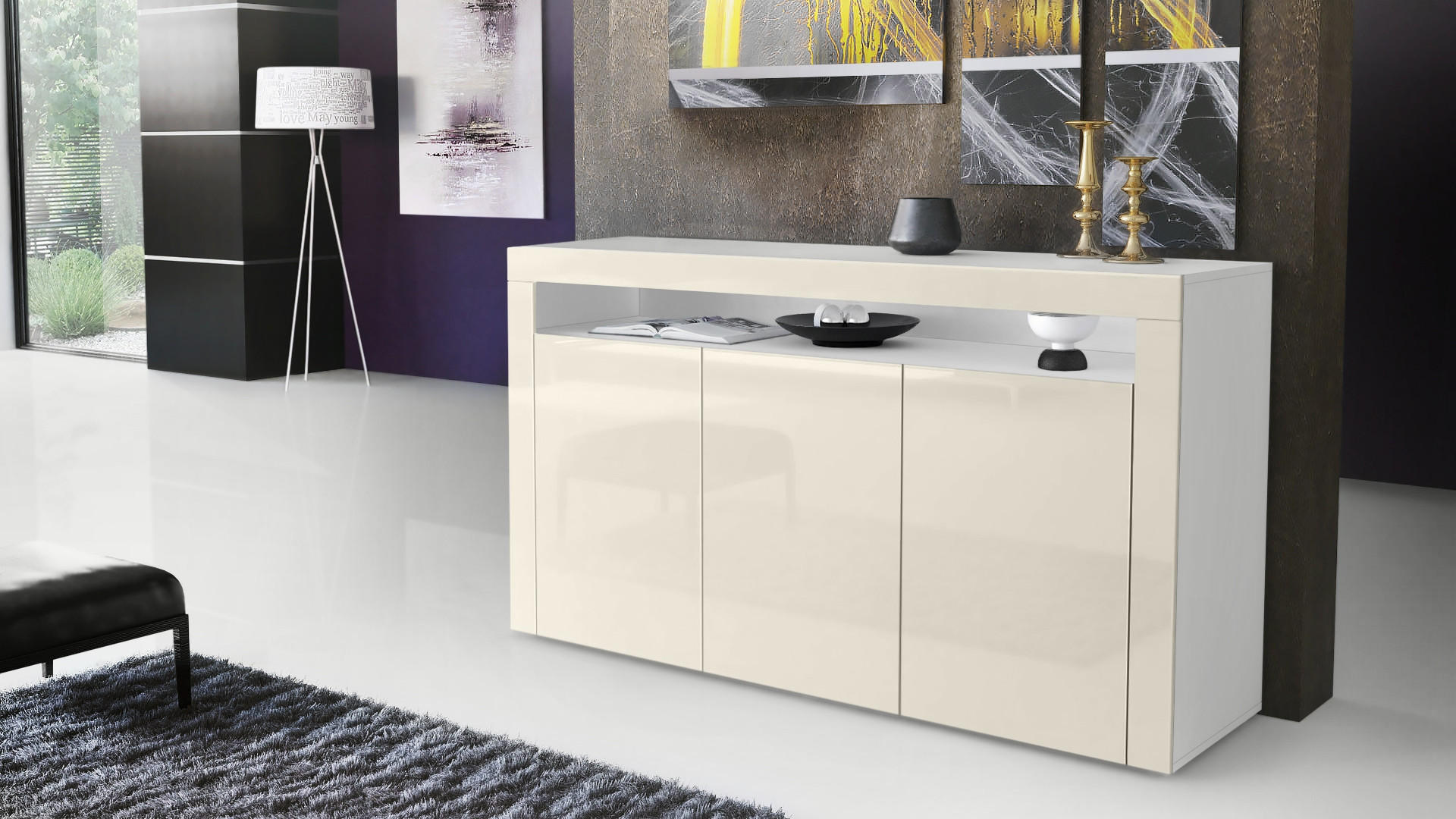 SIDEBOARD Valencia Creme Hochglanz / Creme Hochglanz - Creme, Holzwerkstoff (155/92/40cm) - Vladon