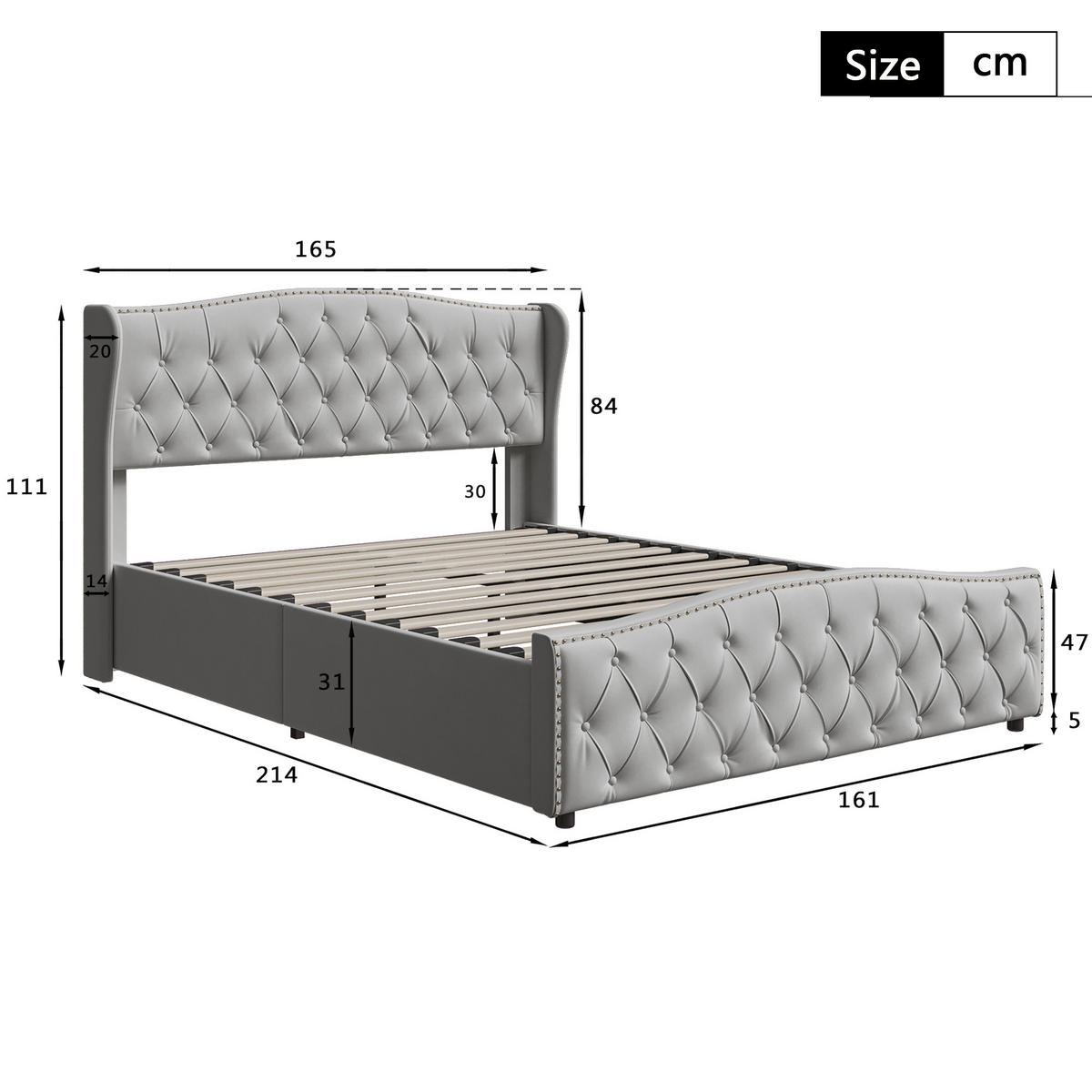 POLSTERBETT Wave-Design 140/200 cm mit Bettkasten & Nietendekor Samtstoff Grau - Grau, Textil (160/200cm) - Creahappy