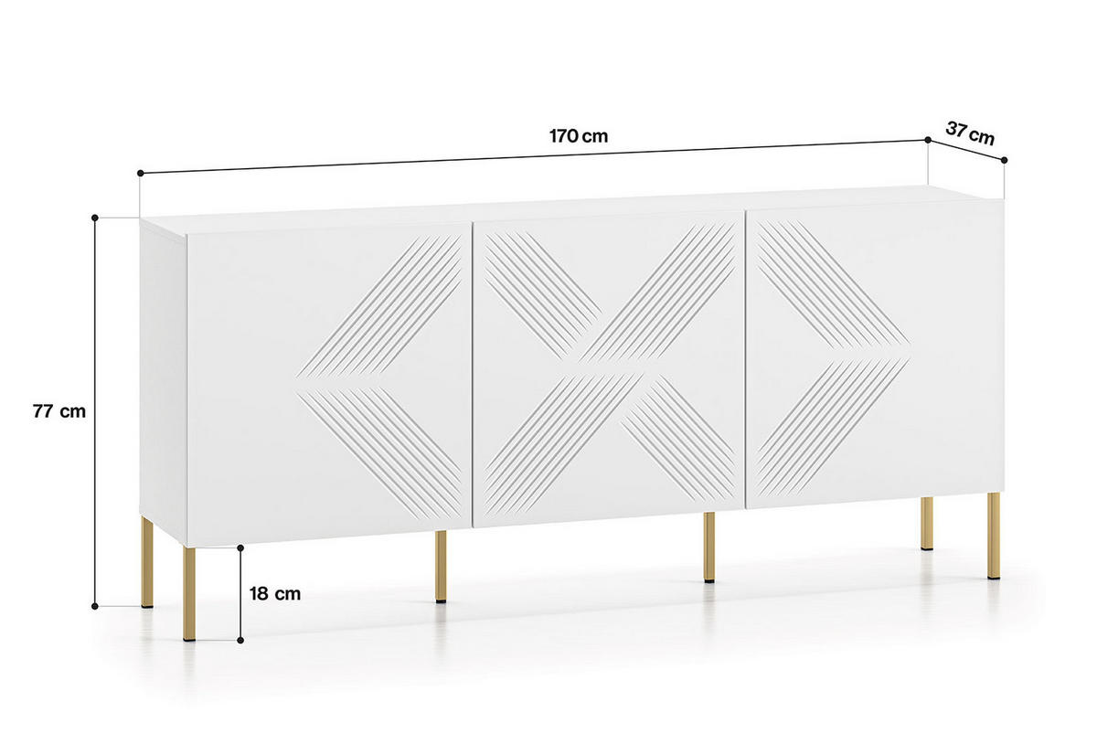 SIDEBOARD Clearing weiß / gold 170 / 37 / 77cm (einzelne Füße) - Goldfarben/Weiß, Holz/Holzwerkstoff (170/77/37cm) - Feldmann-Wohnen