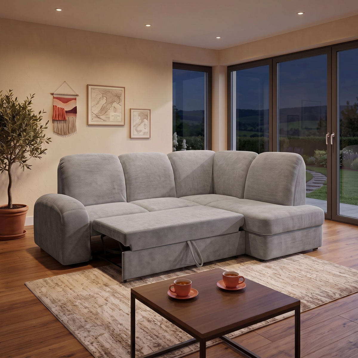 ECKSOFA VIBE L Rechts mit Schlaffunktion 129x205 Chenille Grau - Schwarz/Grau, Holz/Kunststoff (250/186cm) - Muffo