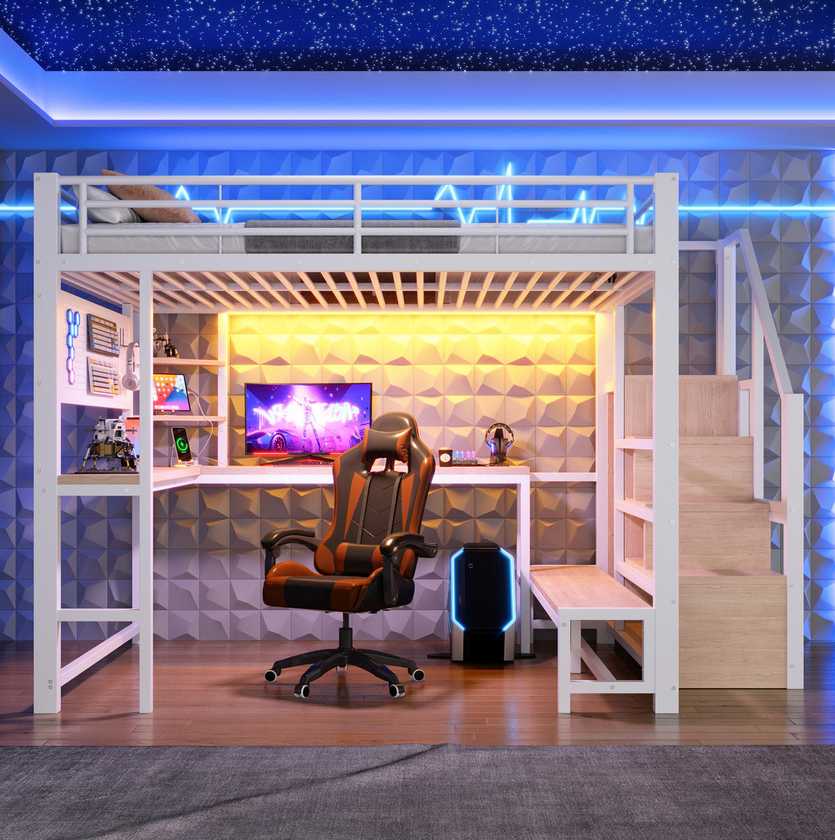 HOCHBETT MDF Metall 140x200 cm Weiß mit Schreibtisch, Stauraum, LED und USB/USB-C - Weiß, Holzwerkstoff (140/200cm) - Modfu