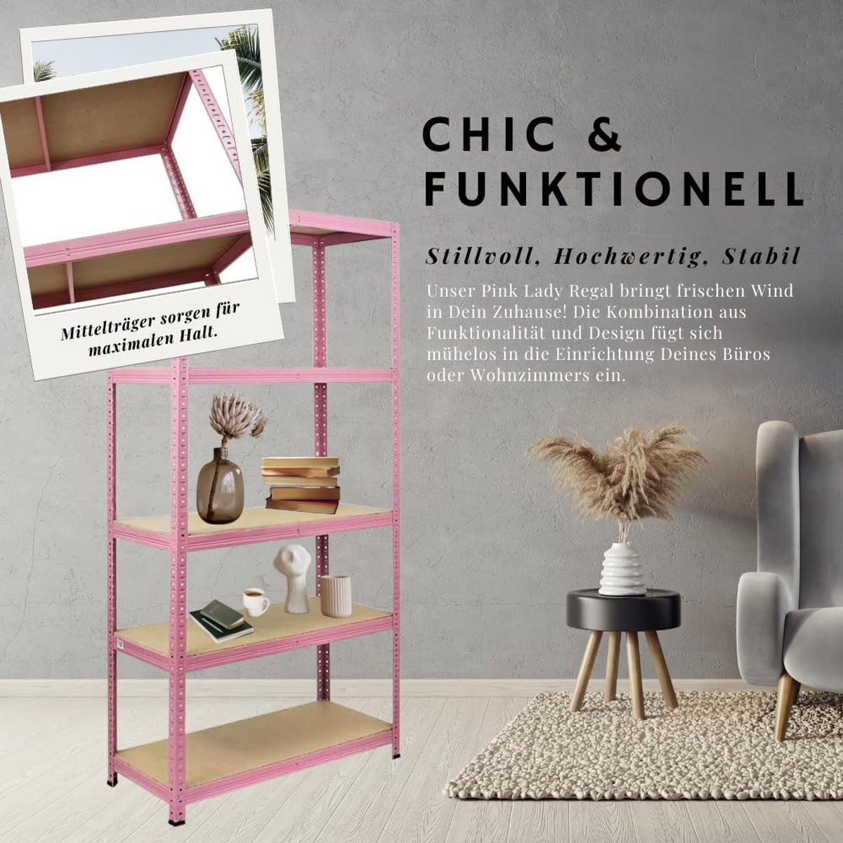 WOHNREGAL Pink Lady 180x90x40cm Fachlast 175 kg 5 Ebenen Pink - Pink, Metall (90/180/40cm) - PROREGAL