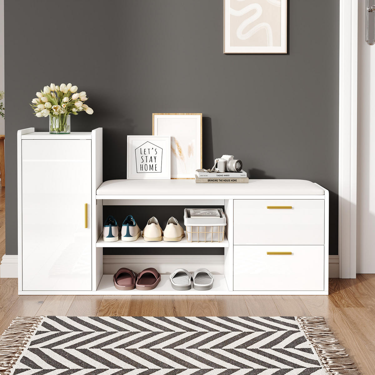 SCHUHSCHRANK Weiß Hochglanz 2 Schubladen 128x30x68cm Sitzbank - Weiß, Holzwerkstoff (30/68/128cm) - FLIEKS