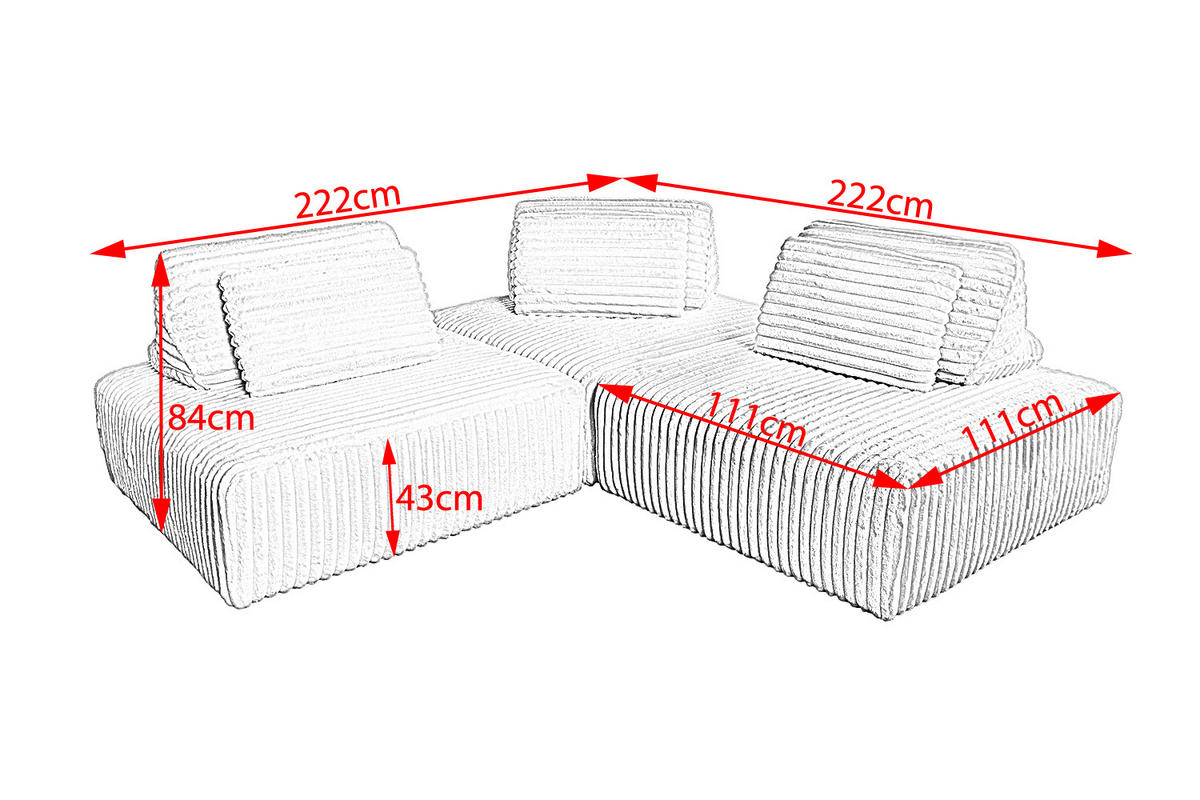 MODULSOFA WIOLO SOFT 3 MODULE 3 KISSEN Grau Cord - Schwarz/Grau, Kunststoff/Textil (222/84/222cm) - KAWOLA