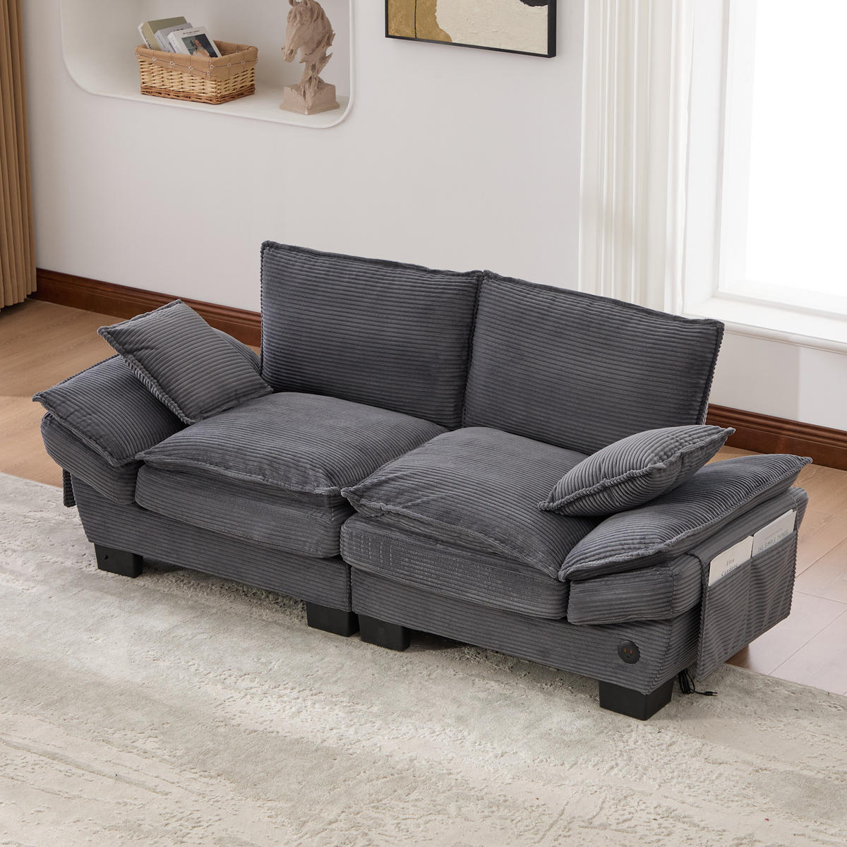 2-SITZER Sofa aus Cord 190x73x84 cm mit USB-C & Seitentaschen, dunkelgrau - Dunkelgrau, Textil (73/84/190cm)