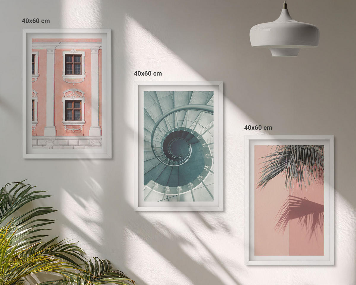 BILDER SET 3er Set - 40x60 cm Weißer Rahmen - Pastellfarbene Spiralarchitektur - Weiß, Kunststoff (40/60cm) - TULUP