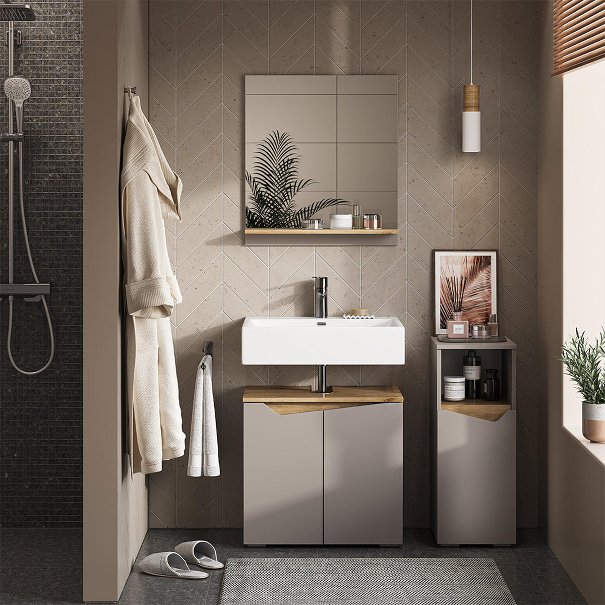 BADMÖBEL-KOMBINATION Marelle Greige 3 Teile, mit Midischrank - Greige, Holzwerkstoff (60/57/35cm) - Vicco