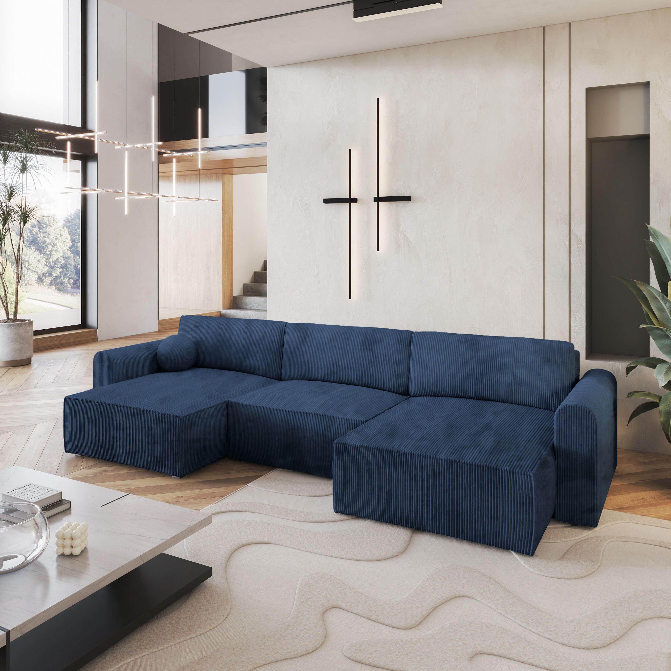 WOHNLANDSCHAFT FENTO P Blau Kordstoff mit Schlaffunktion - Blau, Holz (347/90/148cm) - MASSENO