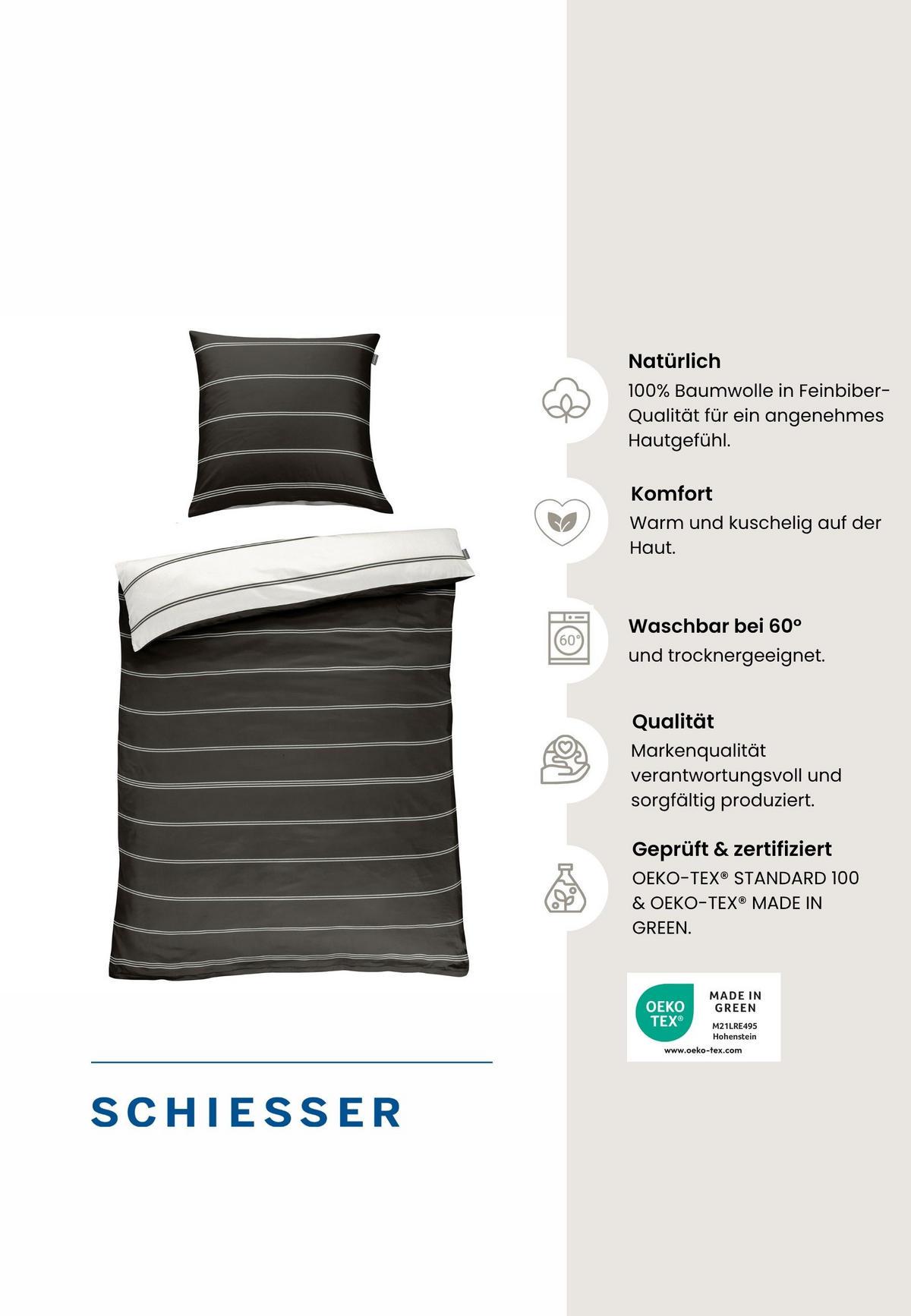 BETTWÄSCHESET Mateo - Feinbiber - 2-teilig - 135x200 cm - Offwhite-Schwarz - Schwarz, Textil (135/200cm) - SCHIESSER