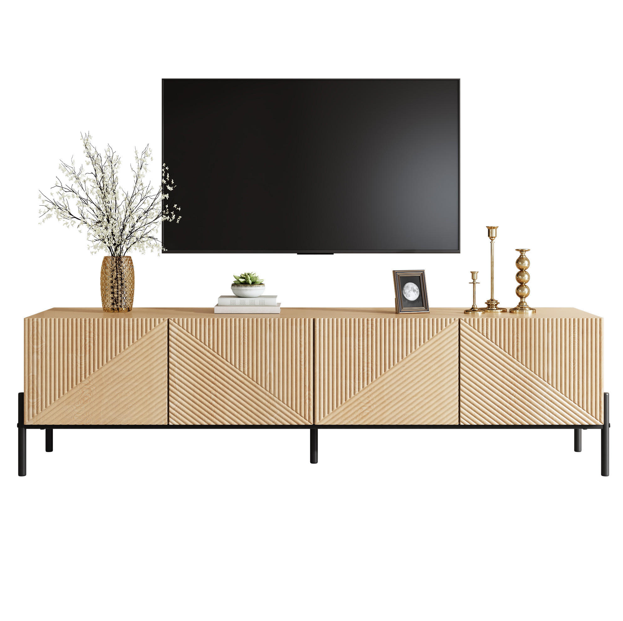 Modfu TV stolek z MDF 163,5x40x45 cm přírodní se 4 dvířky, 3D strukturou a otvíráním na stisk