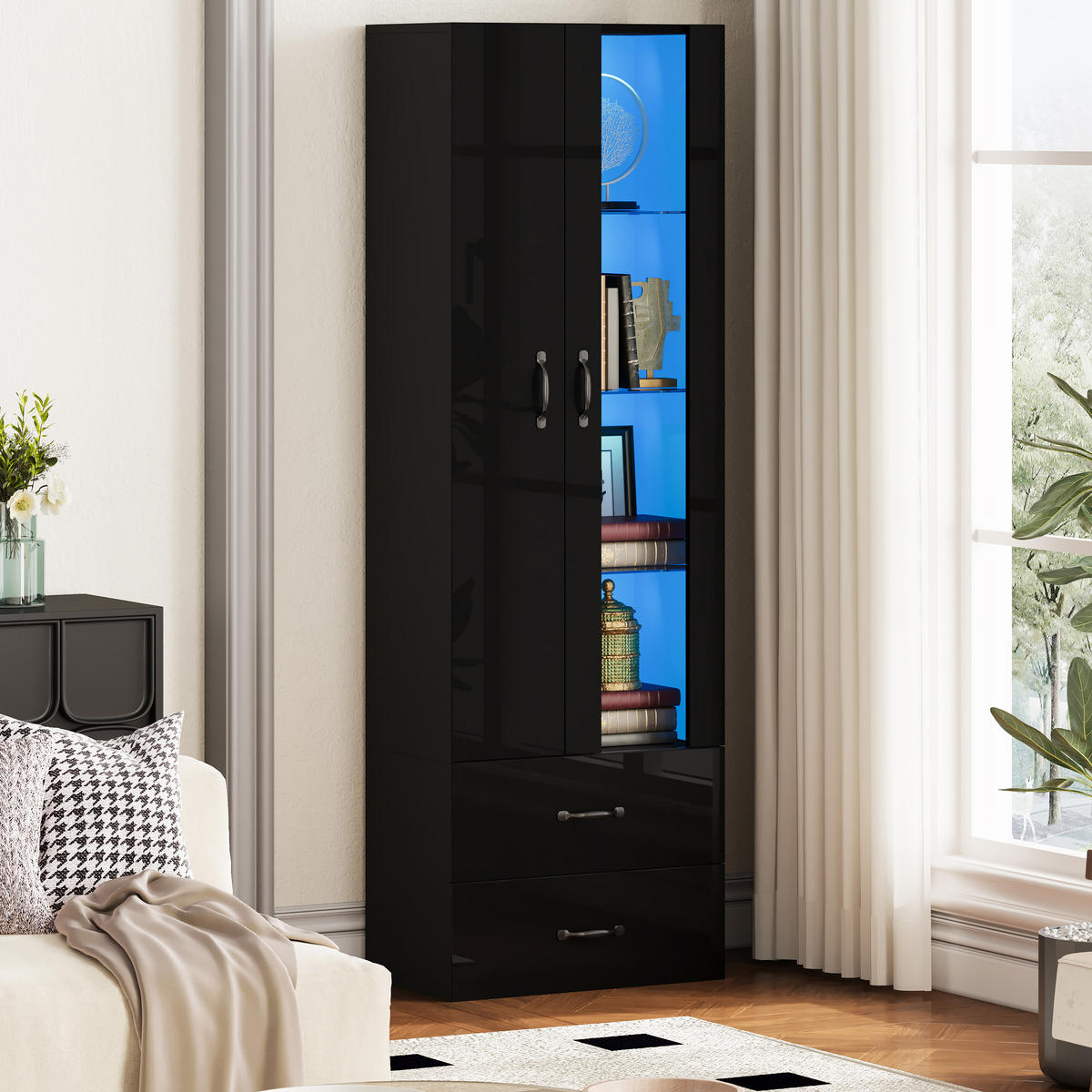 VITRINE LED 2 Türen Standvitrine Glas Schwarz - Schwarz, Holzwerkstoff (59.5/182/35cm) - FLIEKS