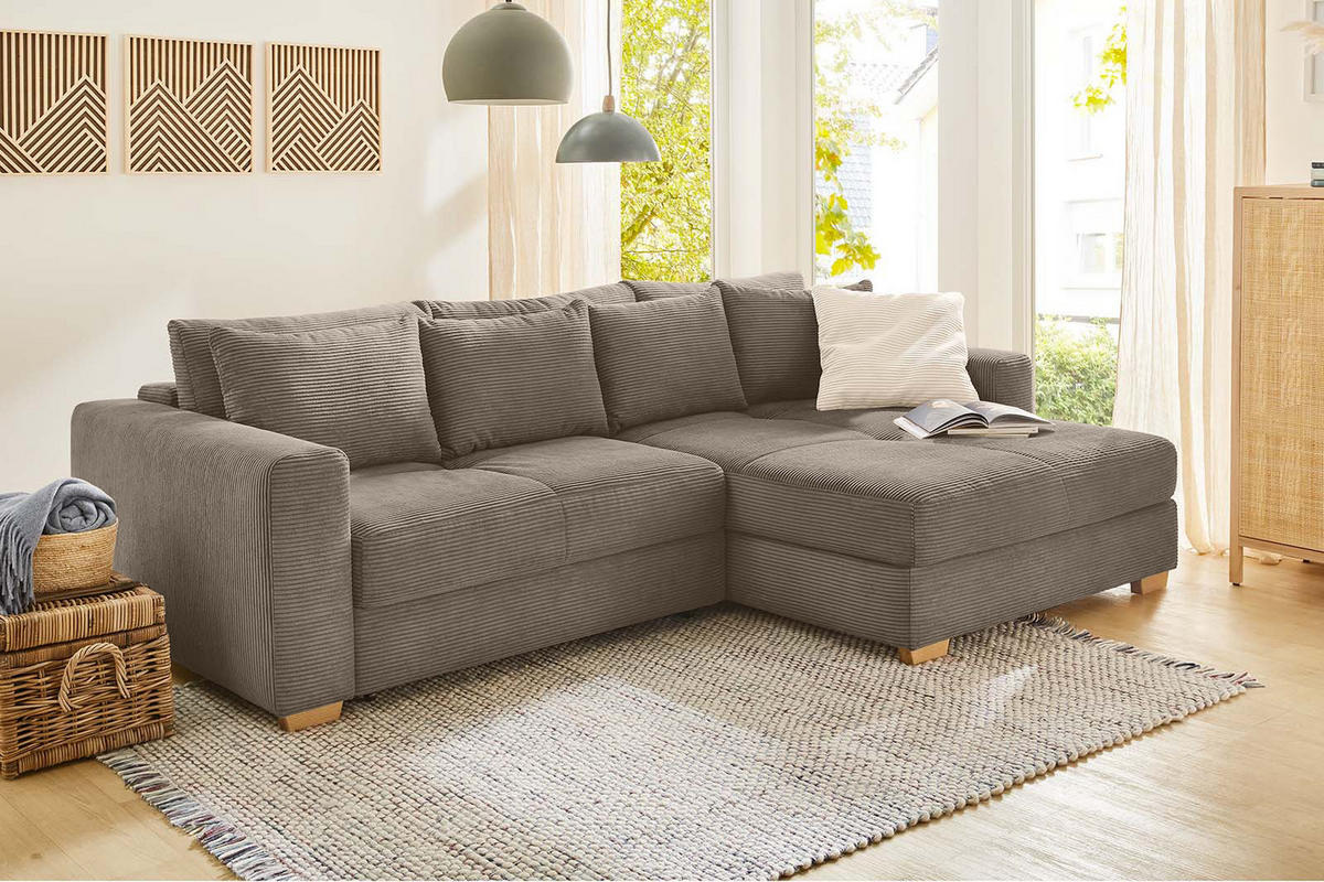 ECKSOFA-DAUERSCHLÄFER Federkern Bettkasten, seitenverkehrt montierbar B288/T186/H86 cm, Liegefl. 153x245 cm, Cord Braun Taupe / 15155 - Taupe/Eichefarben, Holz/Textil (288/186cm) - luma-home