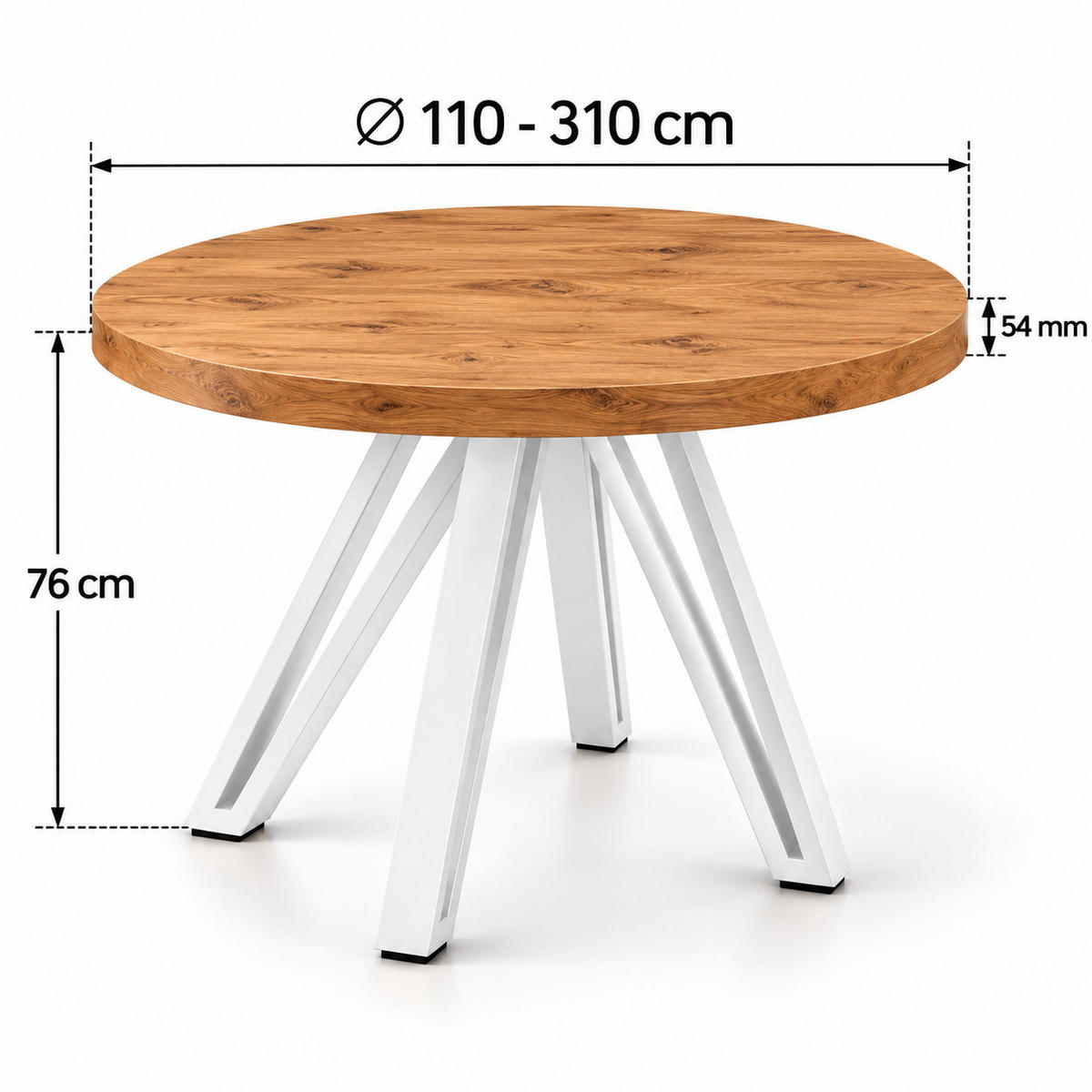 ESSTISCH rund ausziehbar 110/310/76 cm, Eiche Craft, 54 cm Tischplatte + Industrial Metallgestell Weiß - Eichefarben/Weiß, Holzwerkstoff/Metall (110/310/76cm) - Damale Möbel