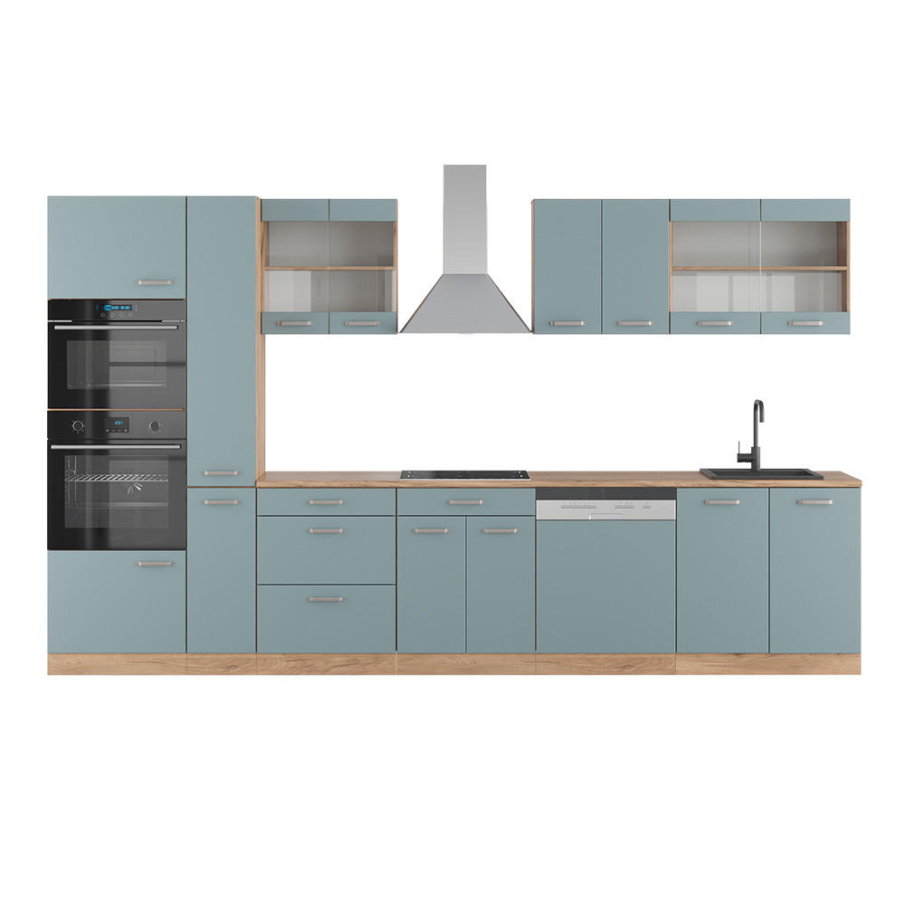 KÜCHENZEILE R-Line Blau-Grau/Goldkraft Eiche 350 cm mit Hochschrank, ohne AP - Eiche Wotan/Blaugrau, Holzwerkstoff (350/81.6/46cm) - Vicco