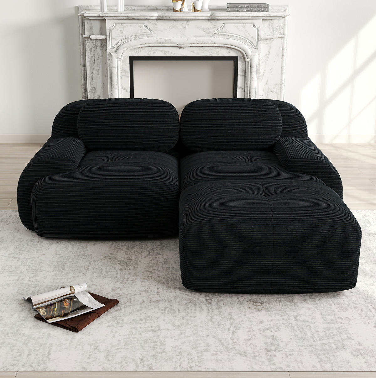 2-SITZER-SOFA Ecksofa 208/178/75 cm schwarz aus Cordstoff modular und montagefrei - Schwarz, Textil (178/75/208cm) - OKWISH