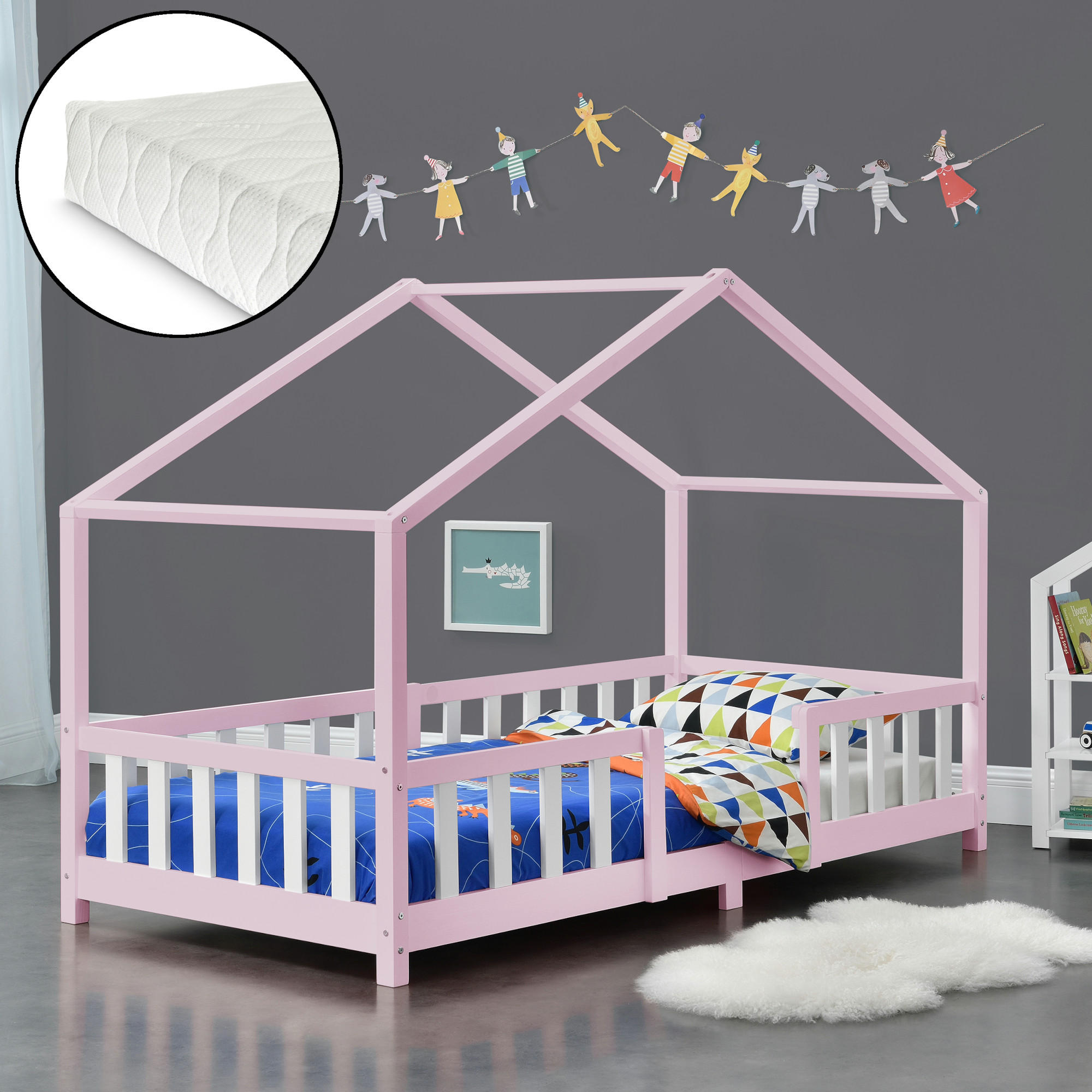 HAUSBETT Treviolo mit Matratze - Hellrosa/Weiß, Holz/Textil (90/200cm) - [en.casa]
