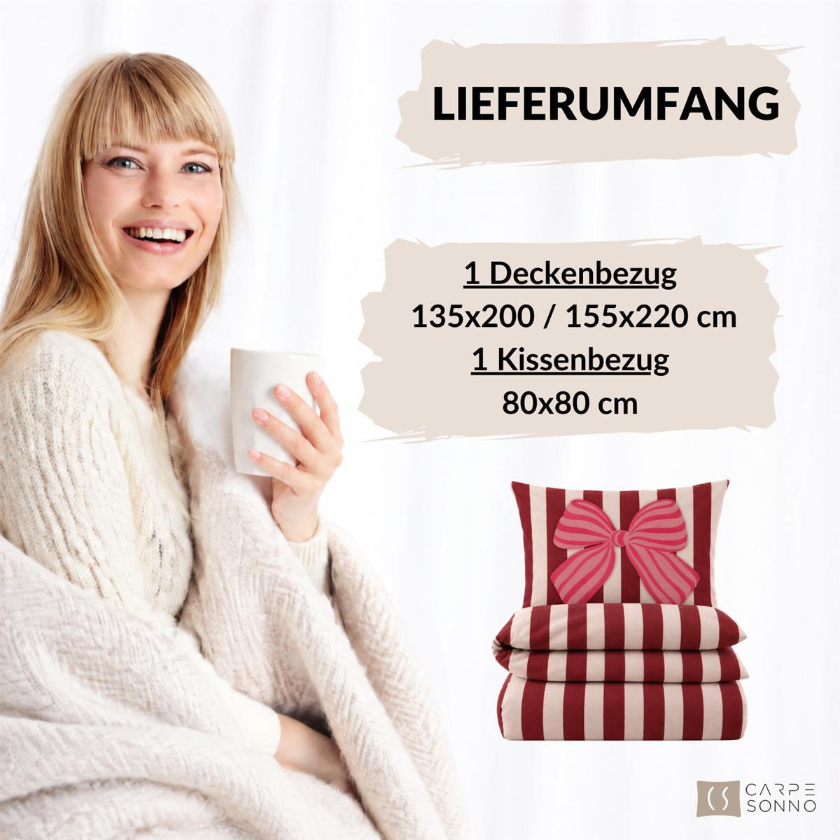 BIBER-BETTWÄSCHE 135x200 - Kuschelig warmer Flanell Bettbezug aus 100% Baumwolle für Herbst & Winter - Schleife Rot - Rot, Textil (135/200cm) - Carpe Sonno