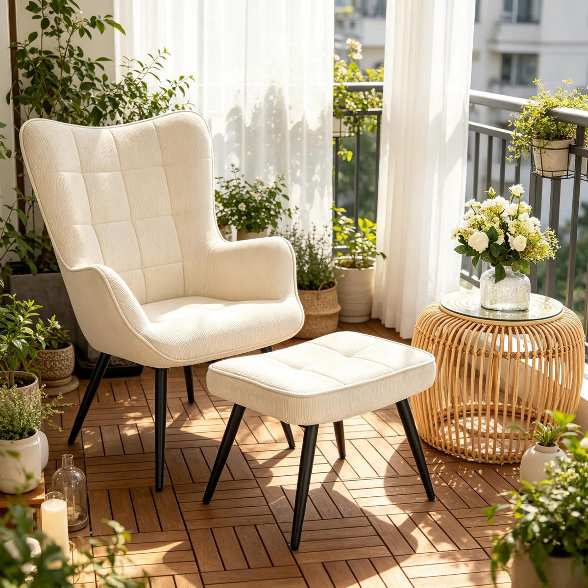 OHRENSESSEL mit Hocker, DE-42161, Creme - Creme, Metall (50/97/49cm) - ComfortXL