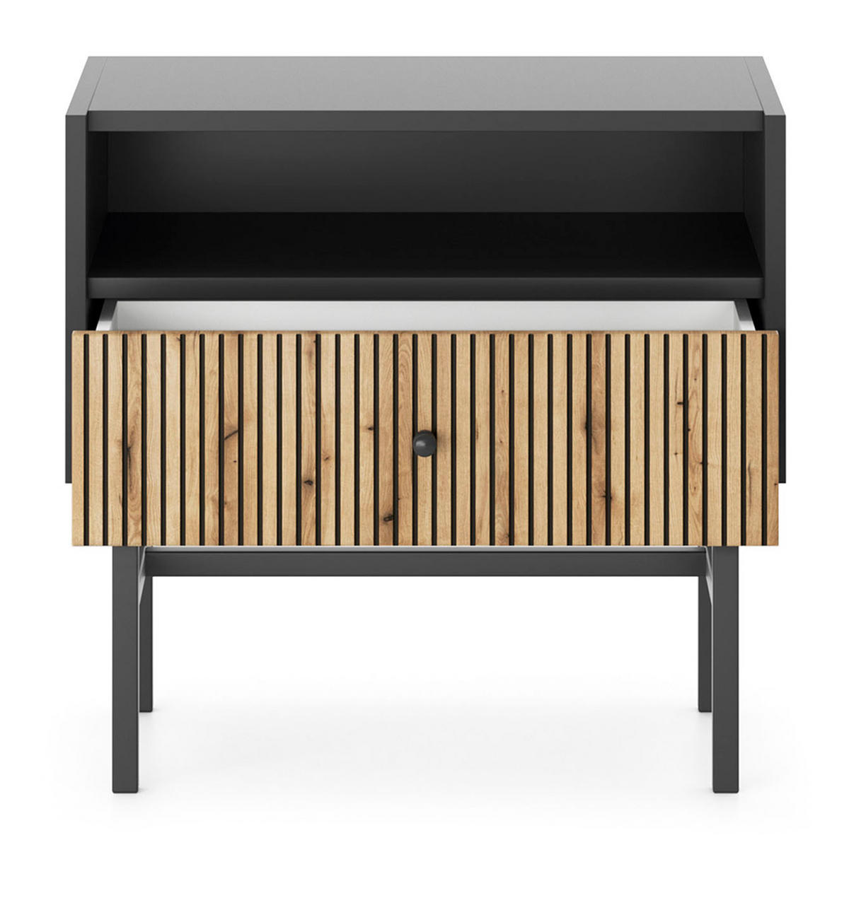NACHTTISCH Dinley 1S Schwarz, Braun 54,8/52/39 cm – mit langen Beinen und Lamellenfront - Schwarz/Braun, Holzwerkstoff/Metall (54.8/52/39cm) - AX Living
