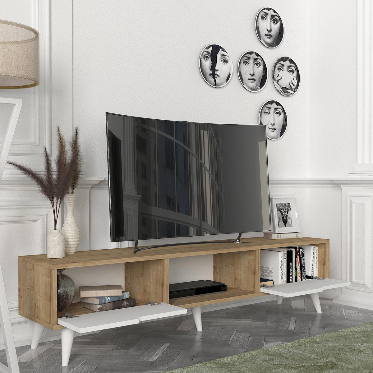 FERNSEHSCHRANK Kullila - Eichefarben/Weiß, Holzwerkstoff (35/40/160cm) - [en.casa]