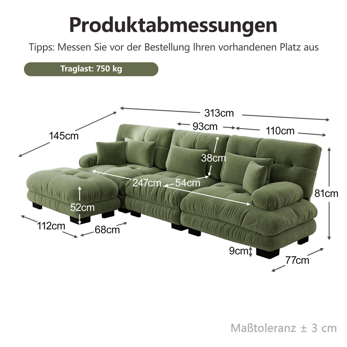 ECKSOFA DE-34065 L-förmig mit Ottoman Grün - Grün, Holz (145/313cm) - ComfortXL