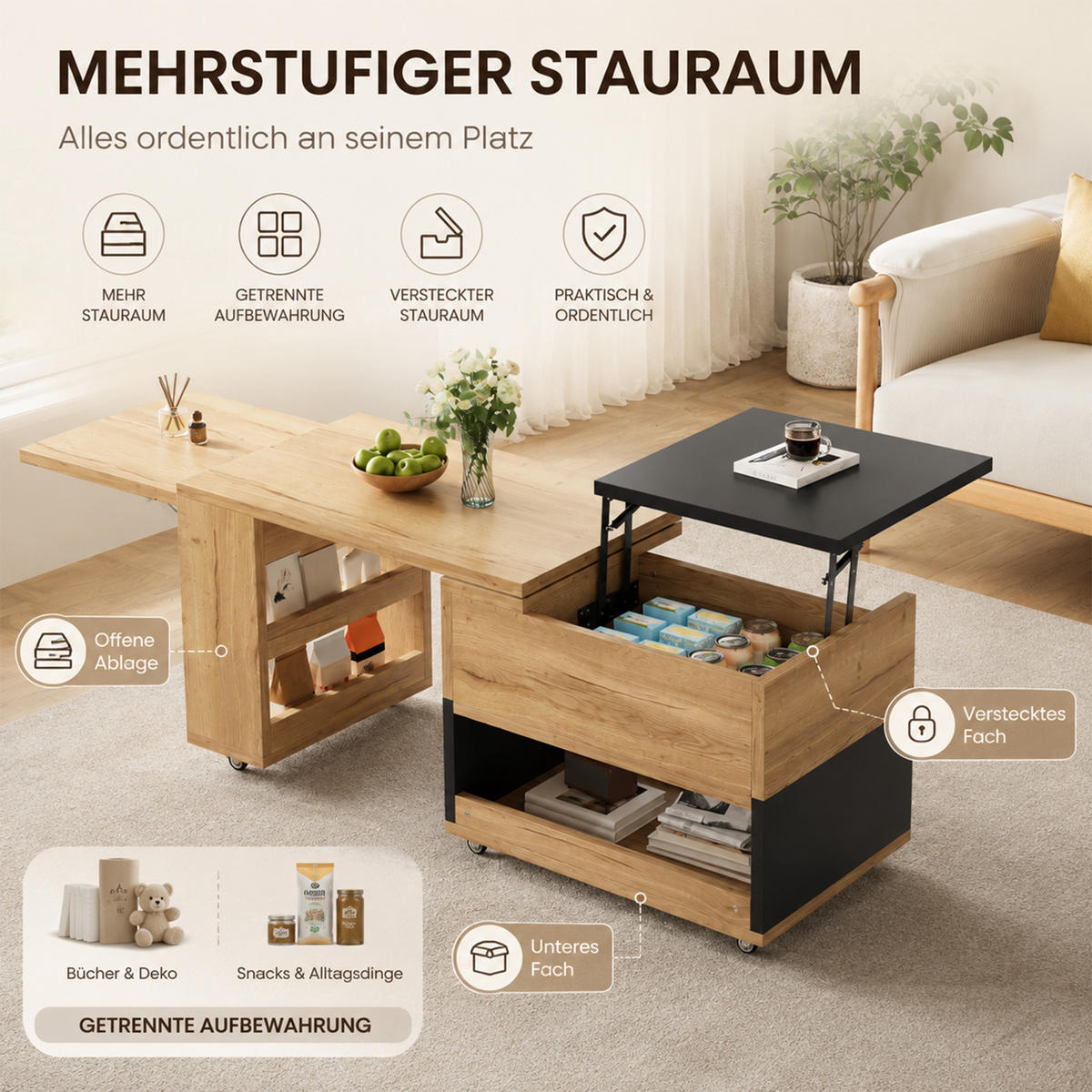 COUCHTISCH 360° drehbar mit Liftfunktion, Stauraum/Rollen, ausziehbar, - Eichefarben/Schwarz, Holz/Kunststoff (50/120/55cm) - LVHOM