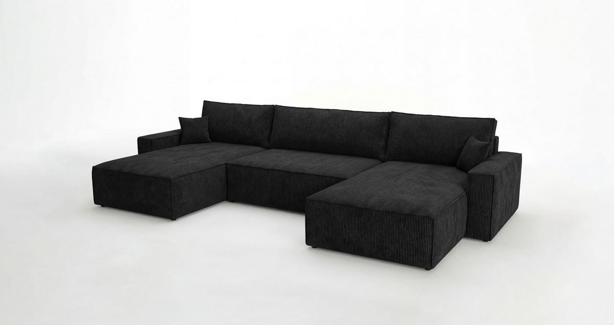WOHNLANDSCHAFT VIENNA U-Form schwarz Cord Poso 135 - Schlaffunktion, Bettkasten - Schwarz, Textil (385/86/185cm) - Cornero