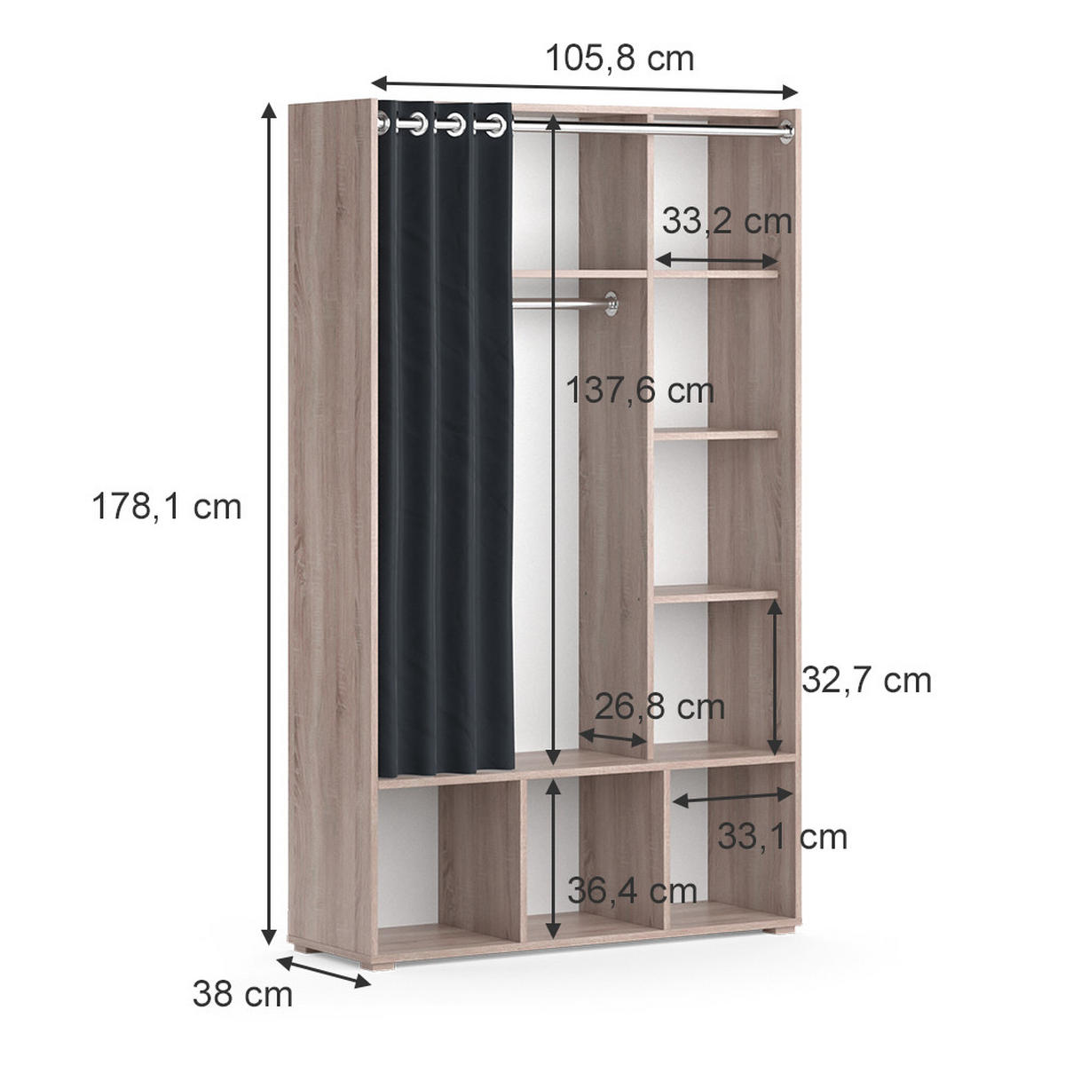 KLEIDERSCHRANK Luigi Sonoma 105.8 x 178.1 cm mit Vorhang-Kleiderstange - Sonoma Eiche, Holzwerkstoff (38/178.1/105.8cm) - Vicco