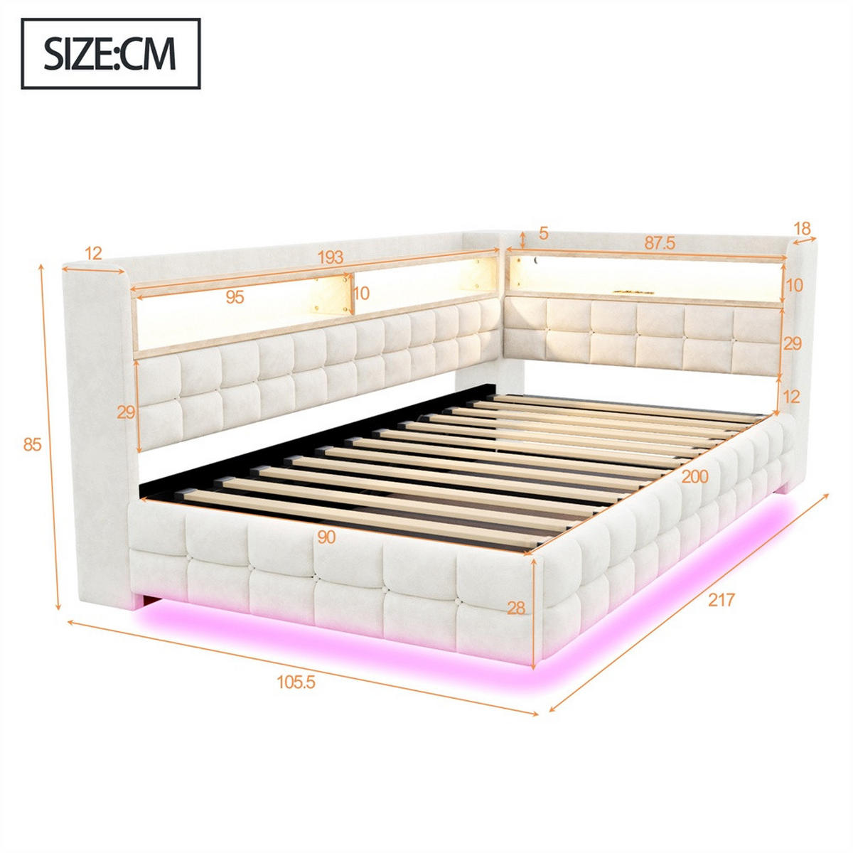 POLSTERBETT 90x200 cm mit hydraulischem Stauraum und Regal - LED Beleuchtung - USB & Typ-C - Beige - ohne Matratze - Beige, Textil (90/200cm) - DELFA