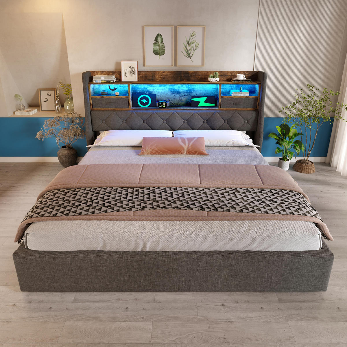 POLSTERBETT 140/200 cm Grau mit hydraulischem Stauraum und LED-Kopfteil mit Matratze - Grau, Textil (140/200cm) - OKWISH