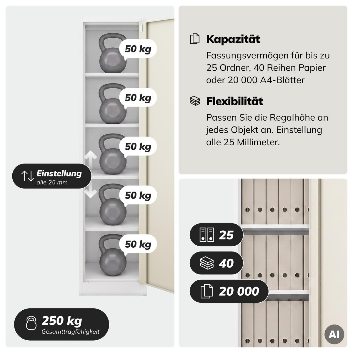 AKTENSCHRANK ALEX - Beige/Weiß, Metall (45/185/40cm) - Jan Nowak