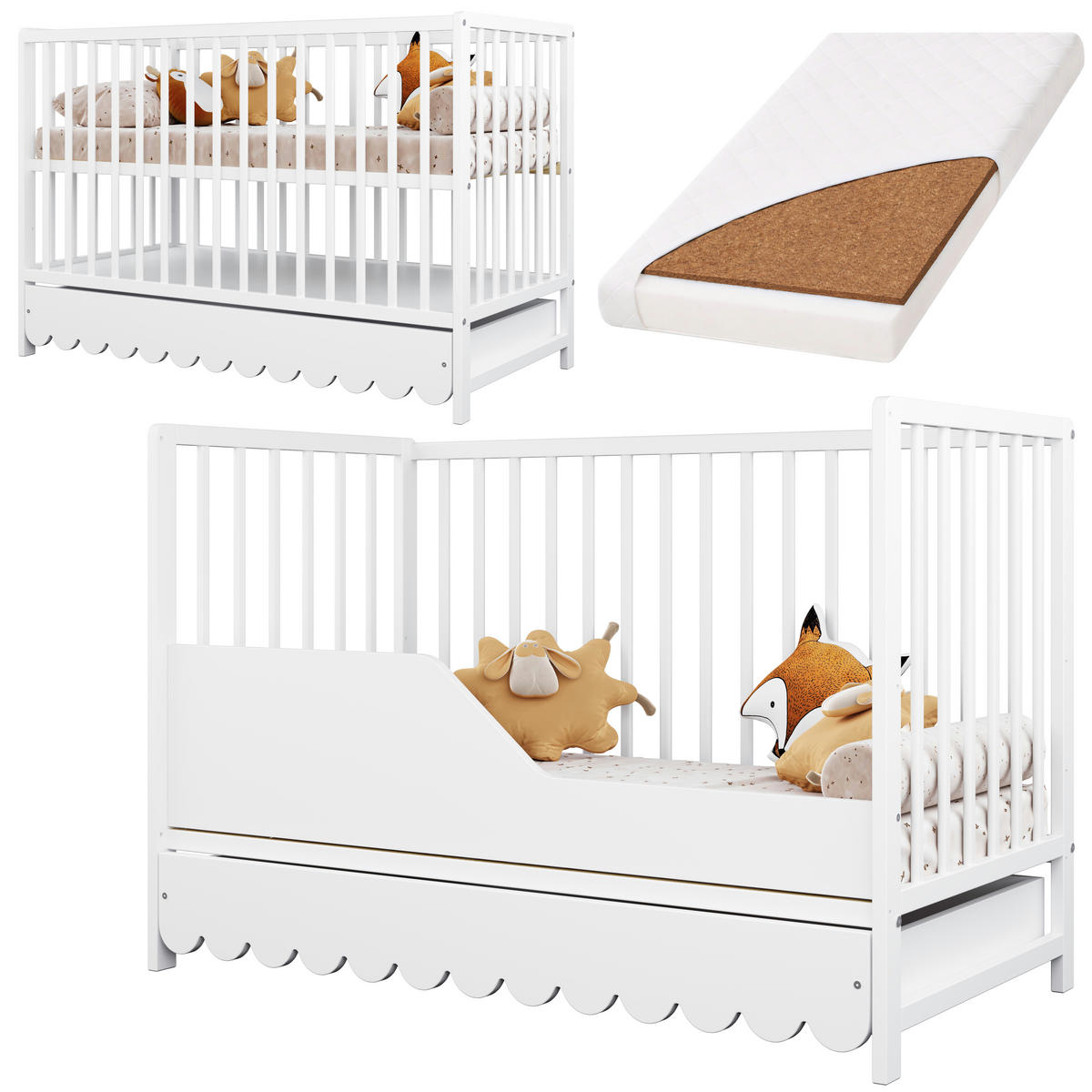 BABYBETT 2-IN-1 mit Schublade mit Matratze 60/120 cm Weiß - Weiß, Holz (60/120cm) - Lettino