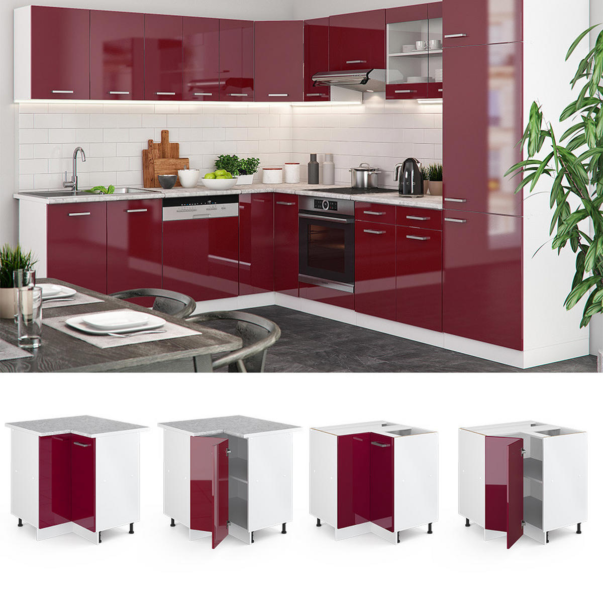 ECKUNTERSCHRANK R-Line Rot Hochglanz 75.6 cm ohne AP - Rot/Weiß, Holzwerkstoff (75.6/81.6/46cm) - Vicco