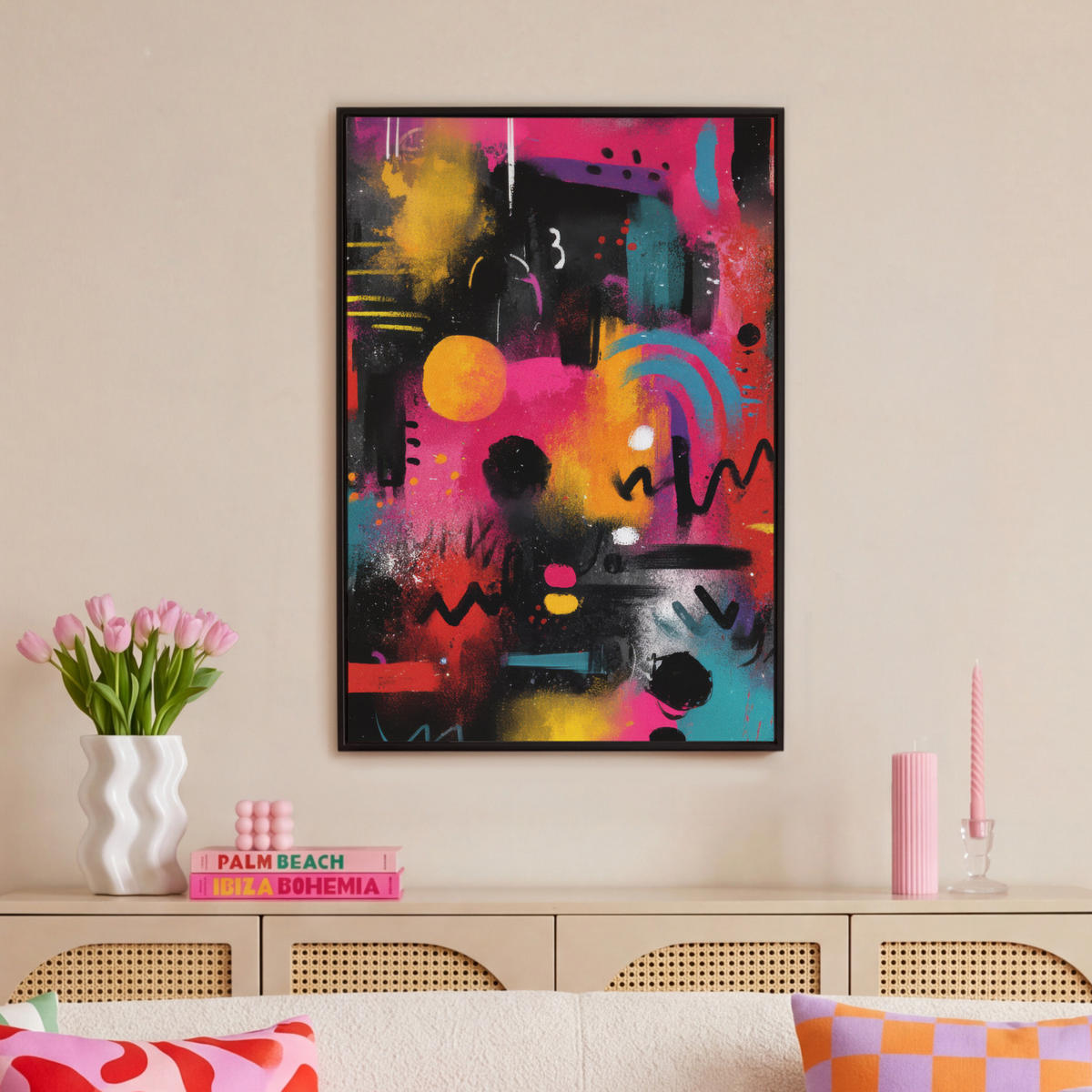 LEINWAND Bilder mit Rahmen - Farbflächen - Formen - Bunt - Abstrakt - 60x90 - Pink, Textil (60/90cm) - MuchoWow