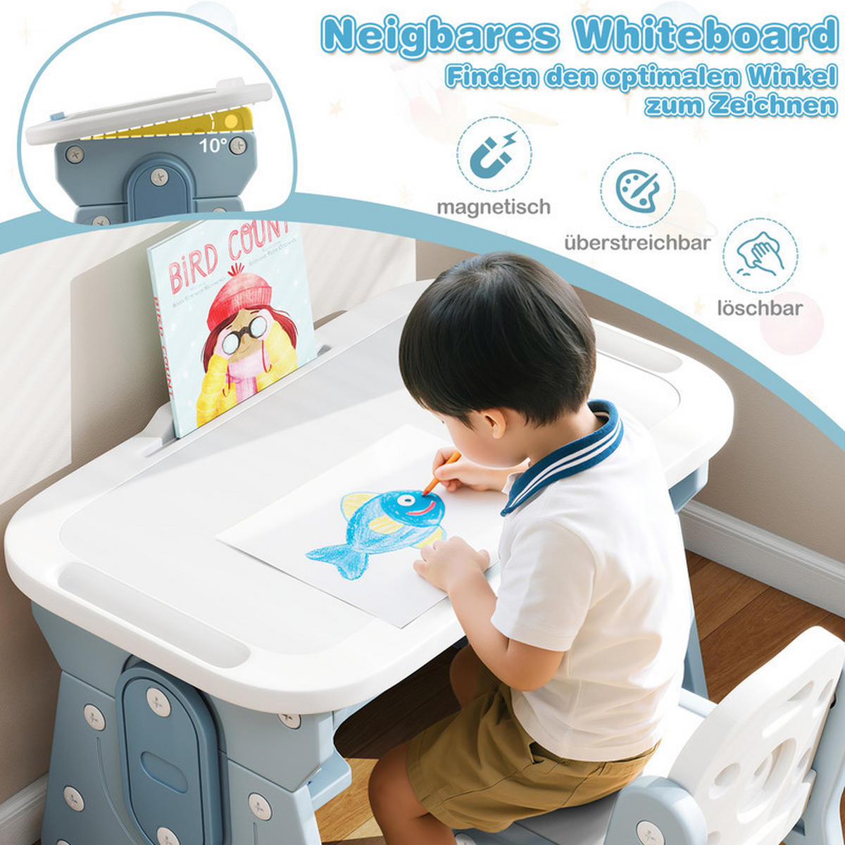 KINDERTISCH-STUHL-SET mit Höhenverstellung blau(2-tlg) - Blau, Kunststoff (80/49/50cm) - COSTWAY