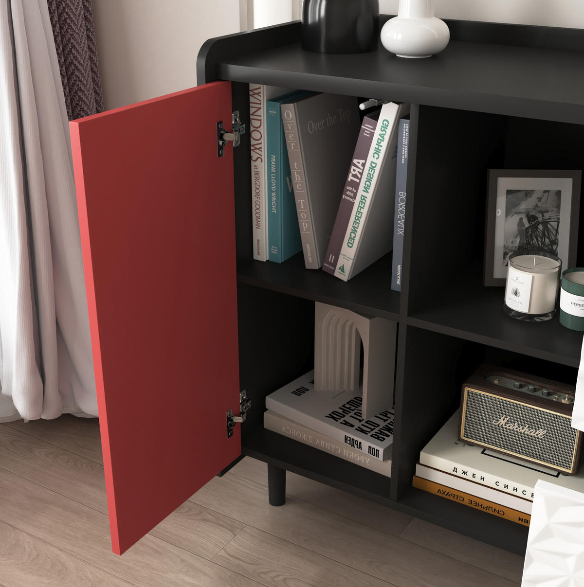 SIDEBOARD 90/40/80 cm, 2 Schubladen, offenes Fach und Tür, MDF Schwarz/Rot, Schwarz/Rot - Rot, Holzwerkstoff (90/80/40cm) - Redom
