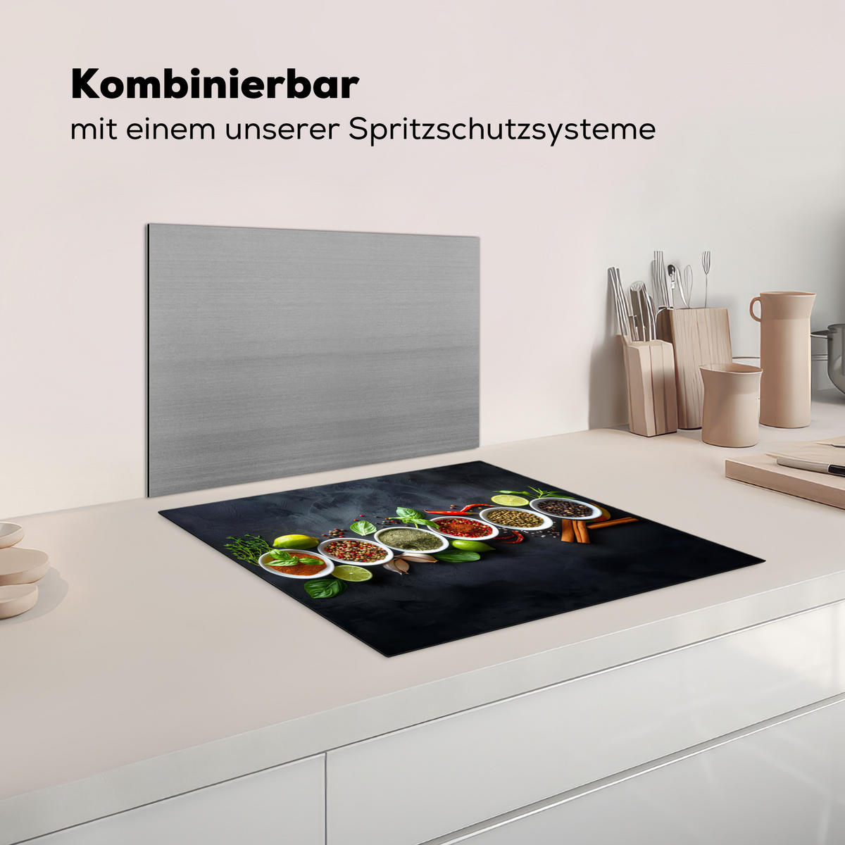 HERDABDECKPLATTE Kräuter - Gewürze - Konkrete Optik - Stilleben Herdabdeckung Induktionsfeld 60x52 cm - Multicolor, Kunststoff (60/52/0.2cm) - MuchoWow
