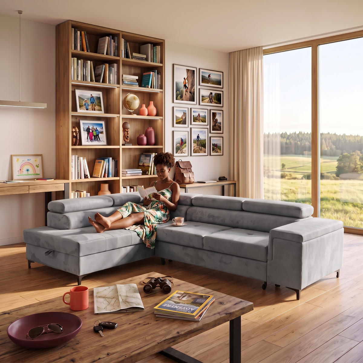 ECKSOFA WILLIAM L Links mit Schlaffunktion 127x195 Velours Hellgrau - Silberfarben/Hellgrau, Holz/Textil (275/203cm) - Muffo
