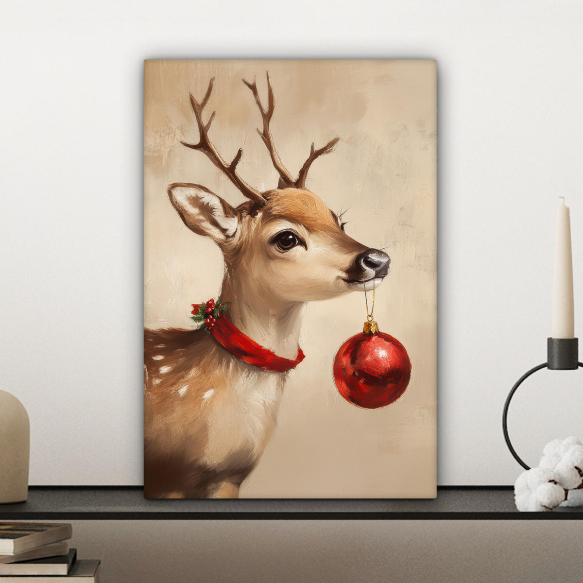 LEINWANDBILD Weihnachten - Hirsch - Geweih - Weihnachtskugel - Rentier Deko Wohnzimmer 20x30 cm - Hellbraun, Textil (20/30cm) - MuchoWow