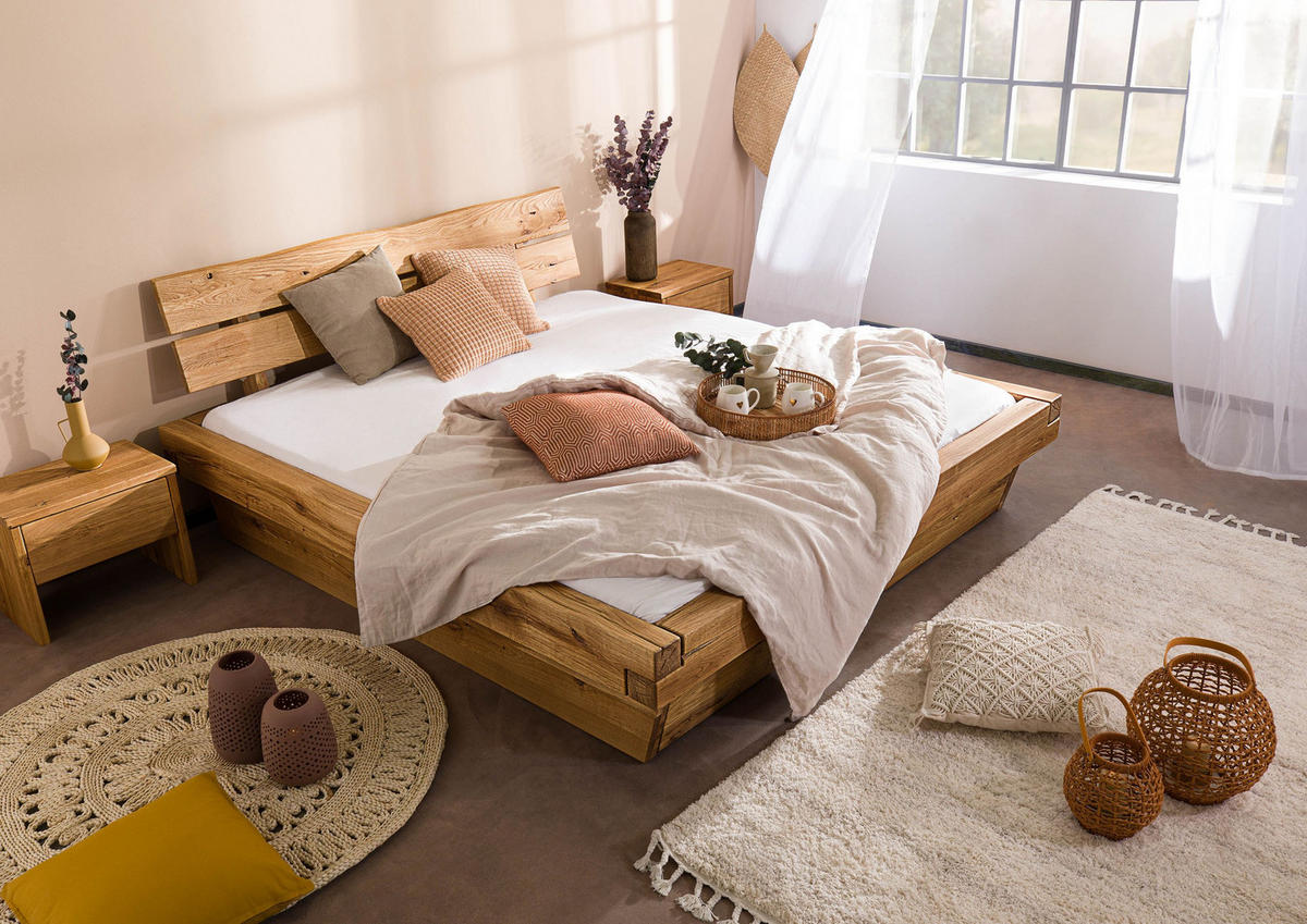BETT mit Schublade Massivholz Wildeiche 200 x 200 x 84 natur BALKENMÖBEL #300 - Braun, Holz (200/200cm) - Massivmoebel24