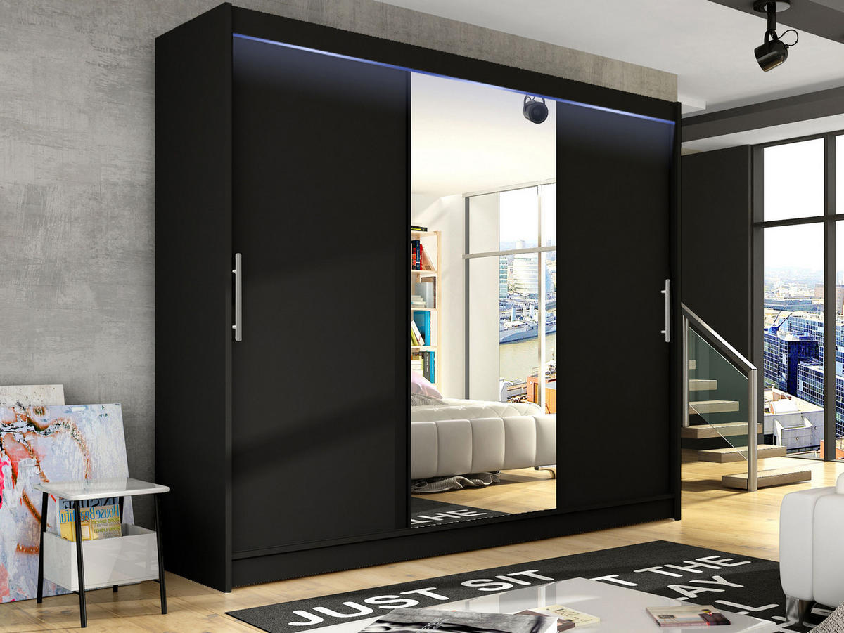 KLEIDERSCHRANK Aston I, mit RGB LED Beleuchtung - Silberfarben/Schwarz, Holzwerkstoff/Kunststoff (250/215/58cm) - MIRJAN24