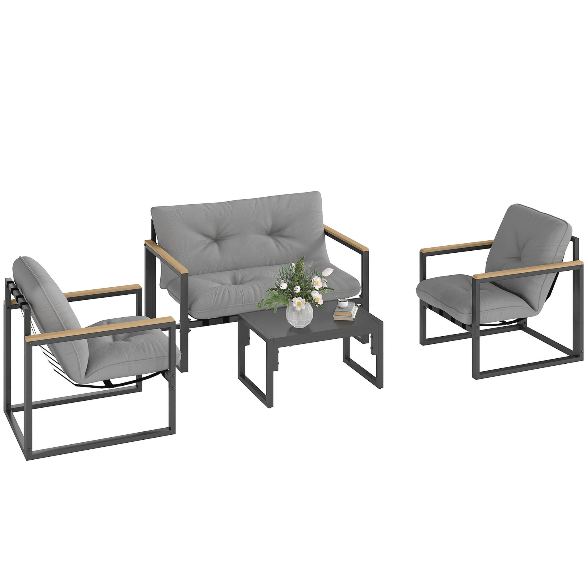 GARTENMÖBEL-SET DE-06542 4-tlg. mit Sofa & Sesseln Hellgrau - Hellgrau, Textil/Metall - ComfortXL