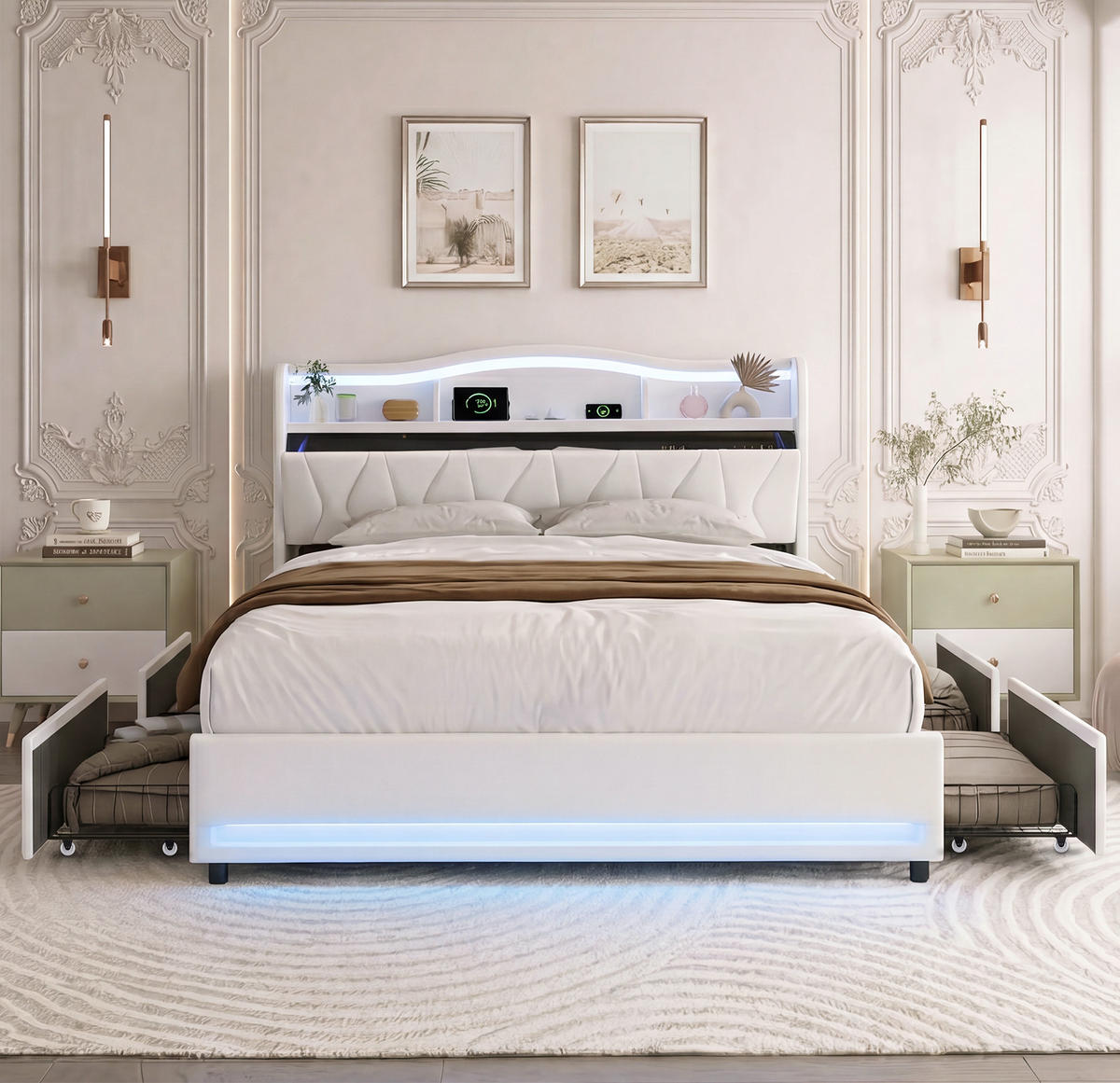 POLSTERBETT 160x200 cm Beige mit LED, USB-C, 4 Schubladen - Beige, Holz (160/200cm)