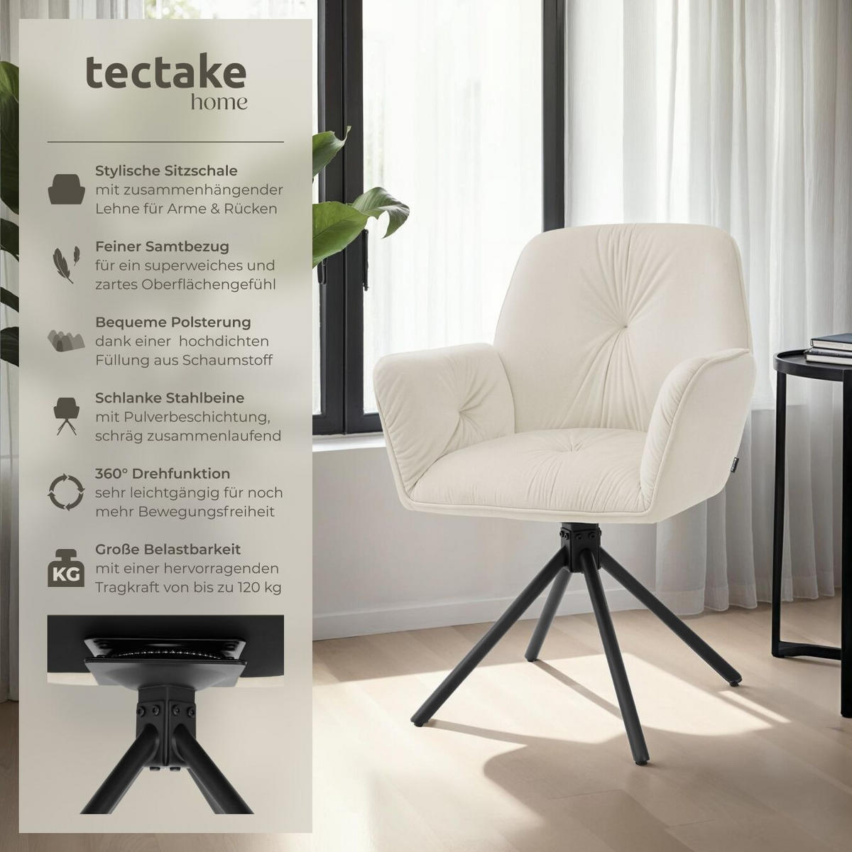 ARMLEHNSTUHL Drehbar Lenia,56,5 x 54 x 86 cm,Samtoptik creme/schwarz - Schwarz/Samtahornfarben, Kunststoff (56.5/86/54cm) - tectake
